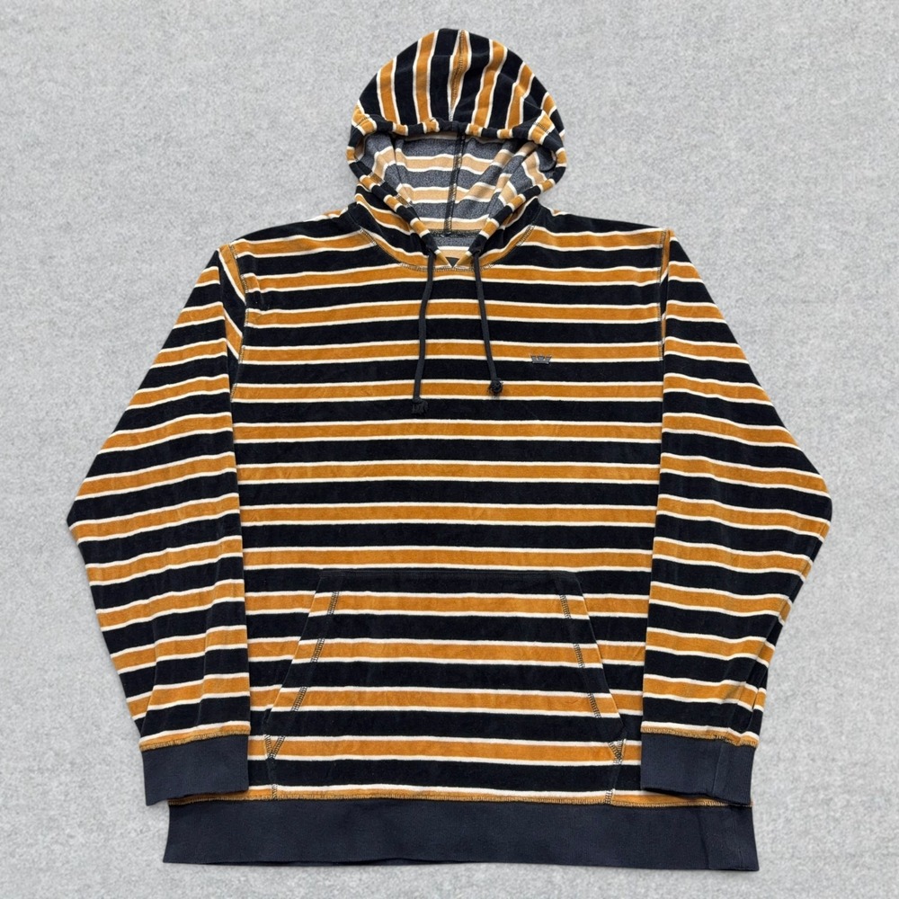 Supra Velux Hoodie Mens XL Black Tan Striped Velour Pullover Skate Retro Y2K